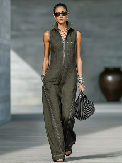 Women’s Sleeveless Wide Leg Jumpsuit with Contrast Trim