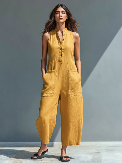 Women's Minimalist Linen Jumpsuit Sleeveless Wide Leg Relaxed Fit Casual Outfit