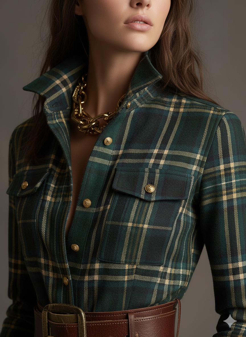 Women’s Plaid Maxi Dress with Button Front and Belted Waist