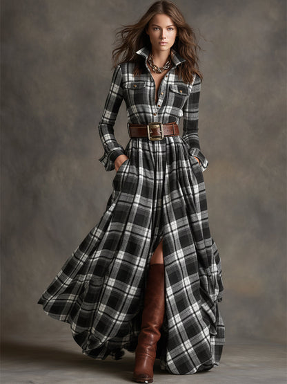 Women’s Plaid Maxi Dress with Button Front and Belted Waist