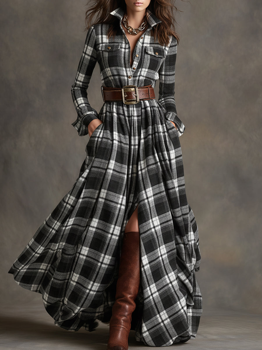 Women’s Plaid Maxi Dress with Button Front and Belted Waist