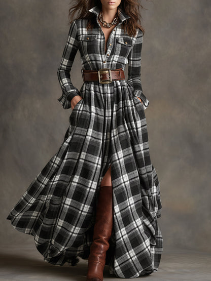 Women’s Plaid Maxi Dress with Button Front and Belted Waist