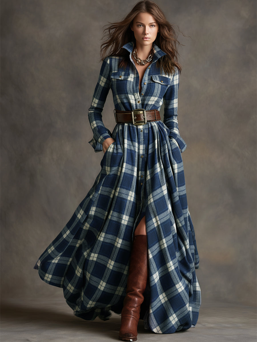 Women’s Plaid Maxi Dress with Button Front and Belted Waist