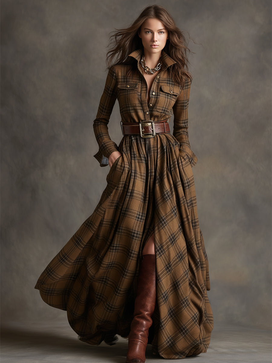 Women’s Plaid Maxi Dress with Button Front and Belted Waist