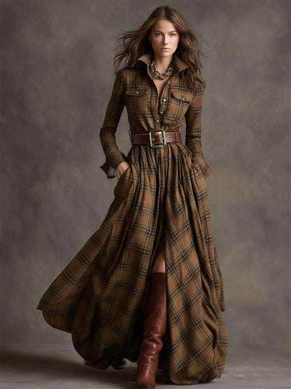 Women’s Plaid Maxi Dress with Button Front and Belted Waist