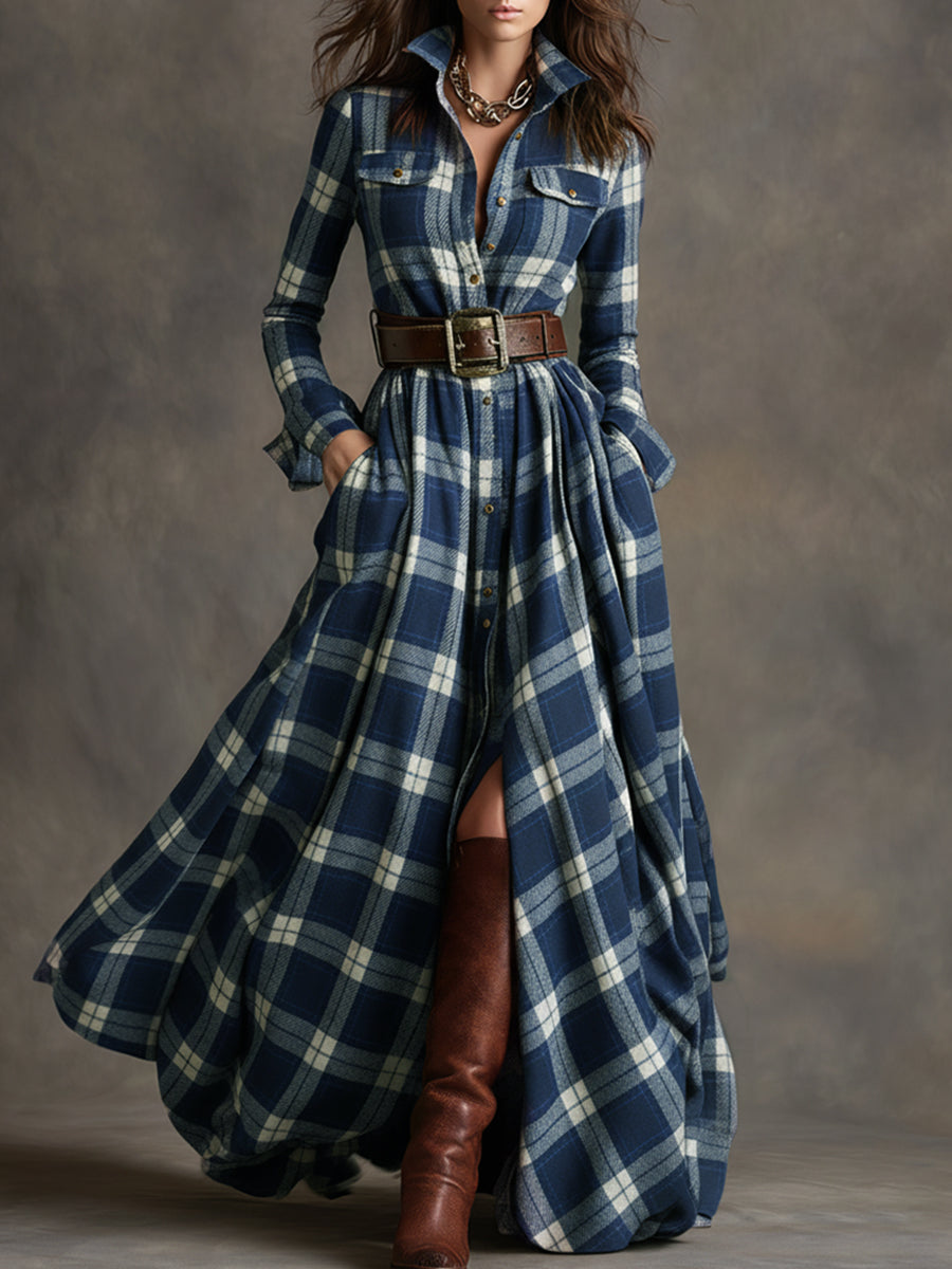 Women’s Plaid Maxi Dress with Button Front and Belted Waist