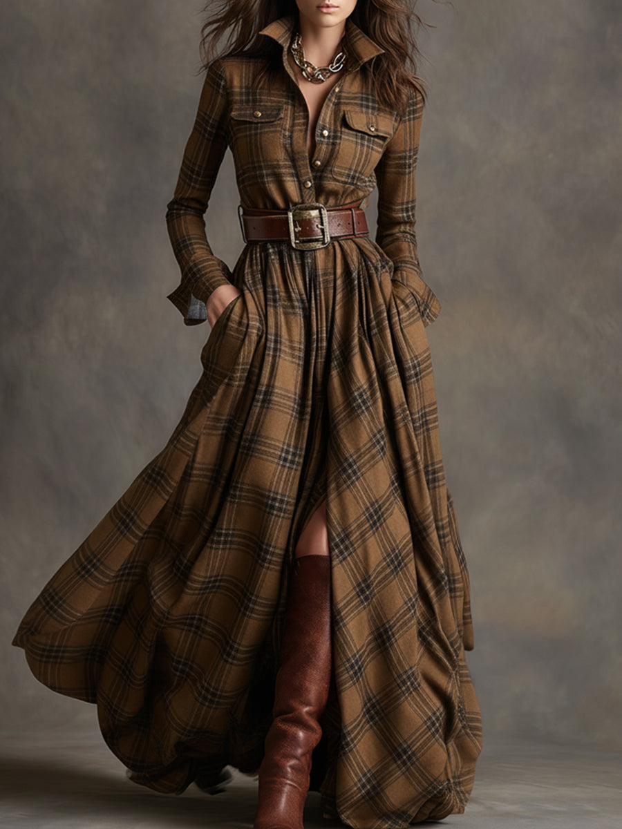 Women’s Plaid Maxi Dress with Button Front and Belted Waist