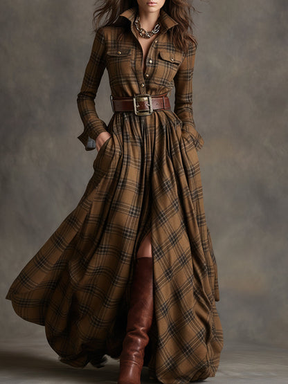 Women’s Plaid Maxi Dress with Button Front and Belted Waist