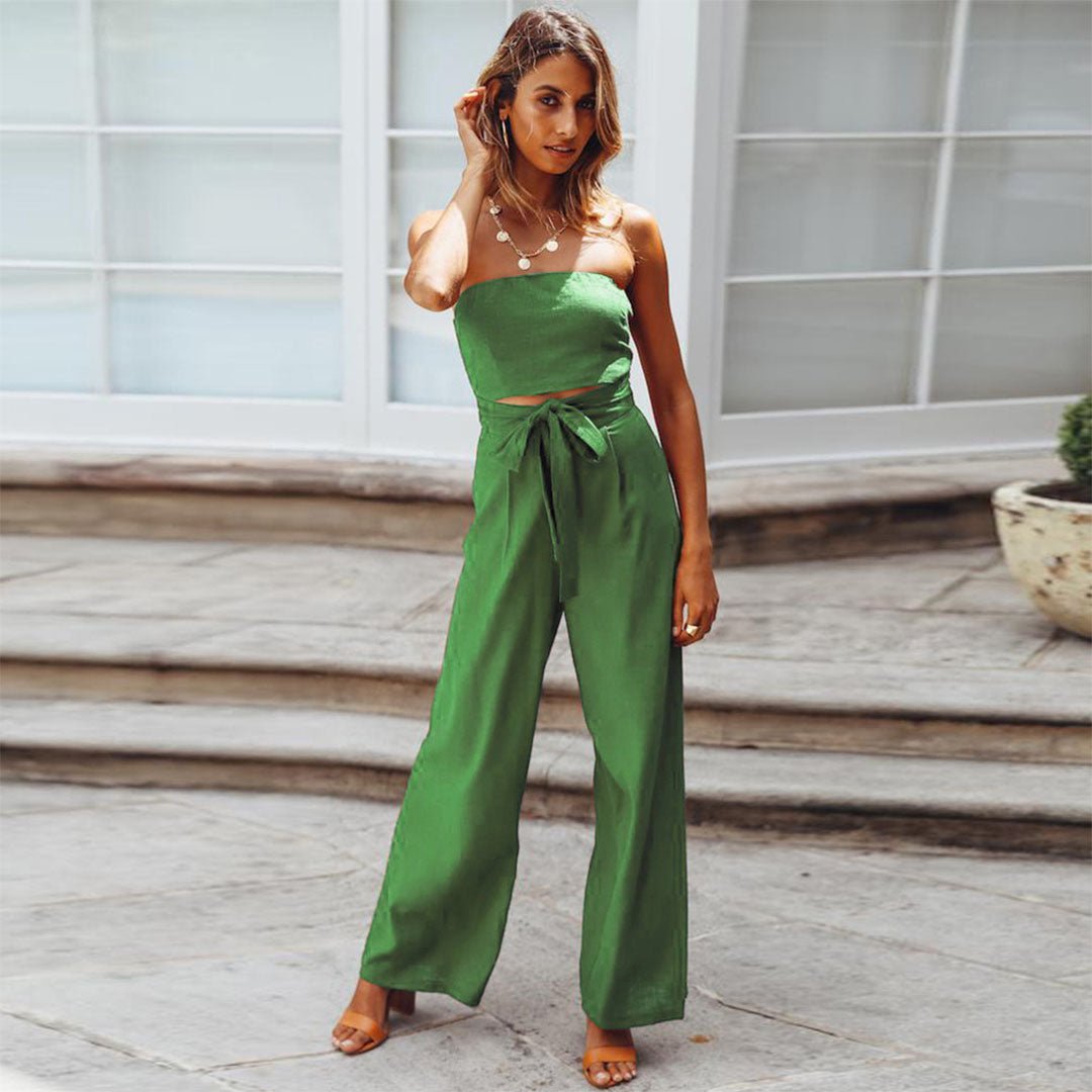Women’s Strapless Wide Leg Jumpsuit with Tie Waist
