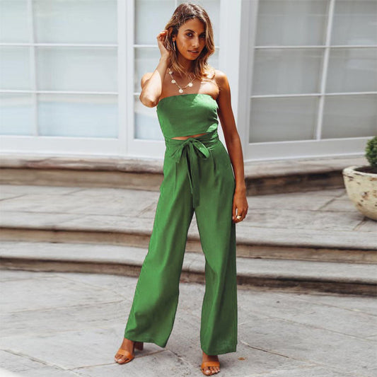 Women’s Strapless Wide Leg Jumpsuit with Tie Waist