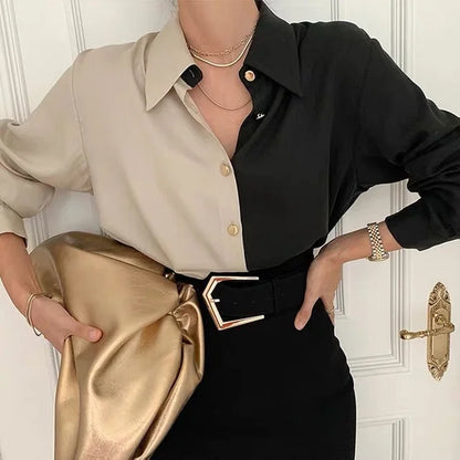 Vintage Two-Tone Long-Sleeve Blouse for Women