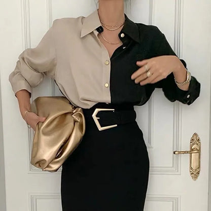 Vintage Two-Tone Long-Sleeve Blouse for Women