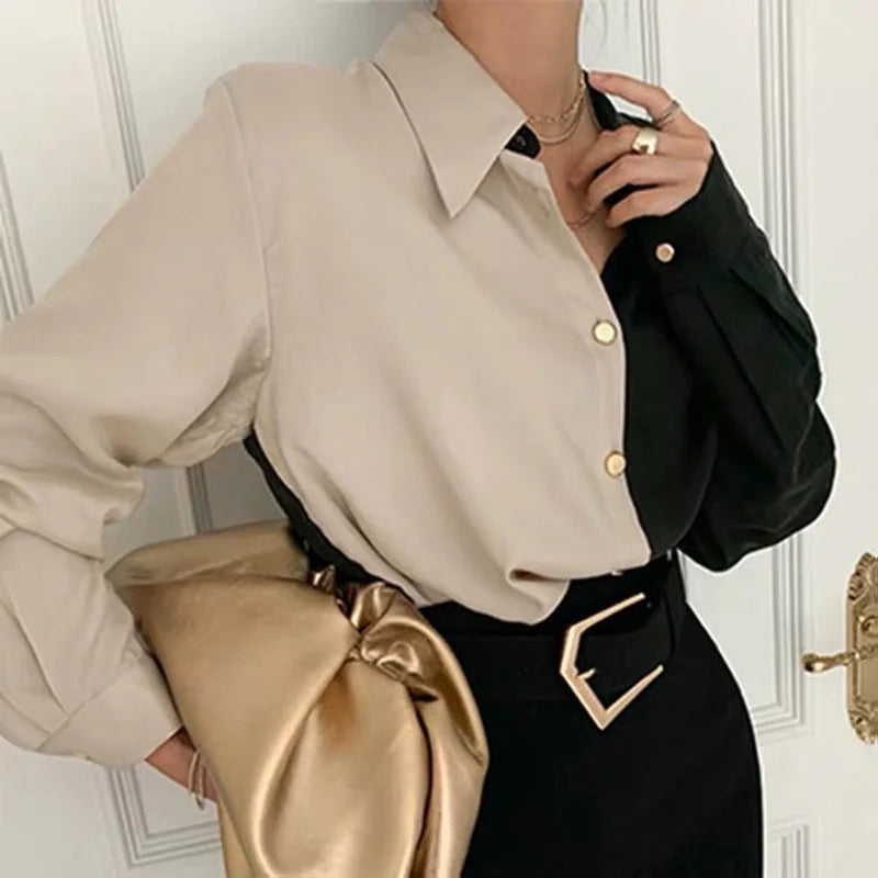 Vintage Two-Tone Long-Sleeve Blouse for Women