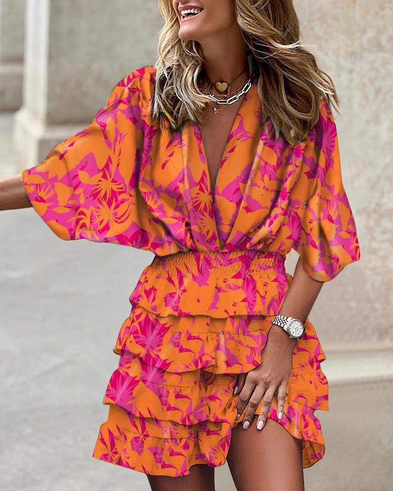 Women’s Wrap Mini Dress with Flowing Sleeves and Relaxed Fit