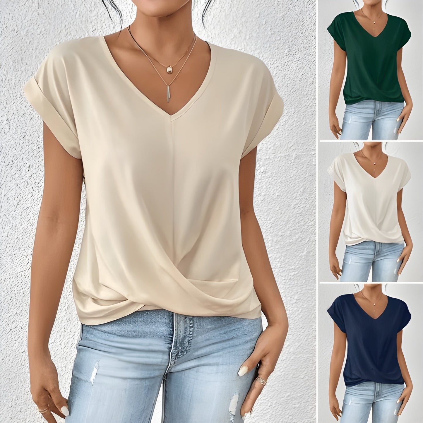 Women's V-Neck Twist Front Summer Top  Relaxed Fit Cap Sleeve Casual Blouse
