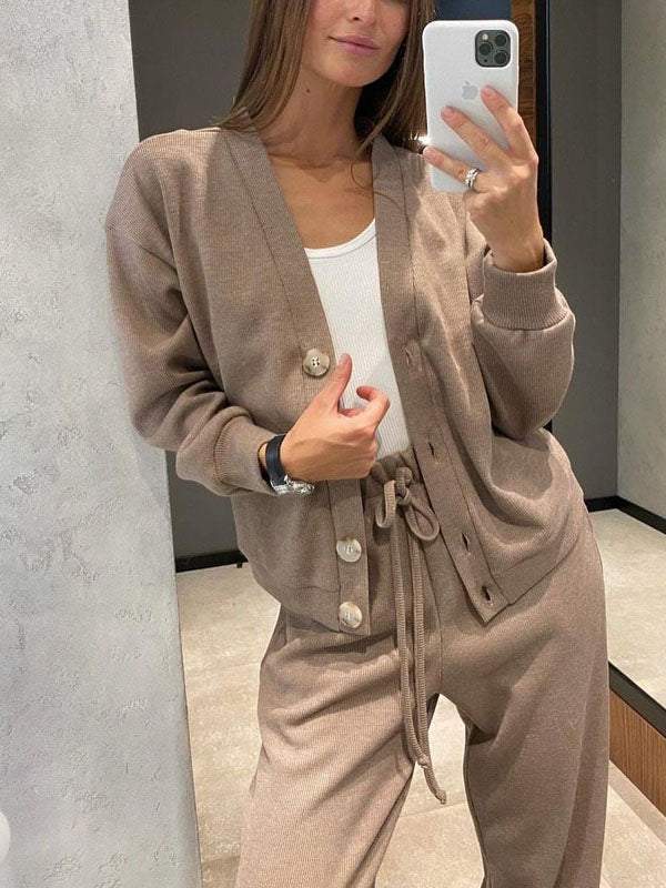 Women's Relaxed Cardigan and Drawstring Pants Set Casual Two Piece Outfit