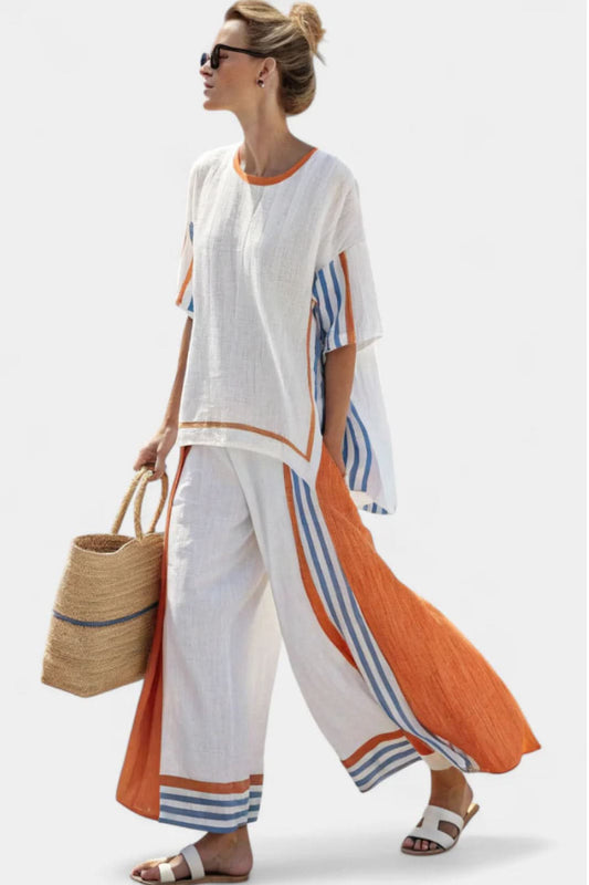 Women's Striped Two Piece Set Loose Fit Top and Wide Leg Pants Outfit