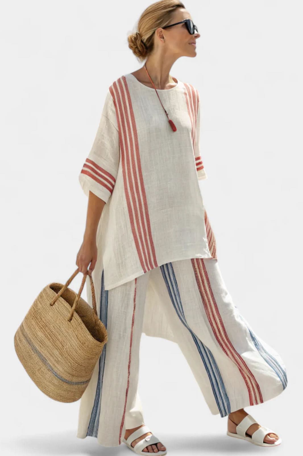 Women's Striped Two Piece Set Loose Fit Top and Wide Leg Pants Outfit