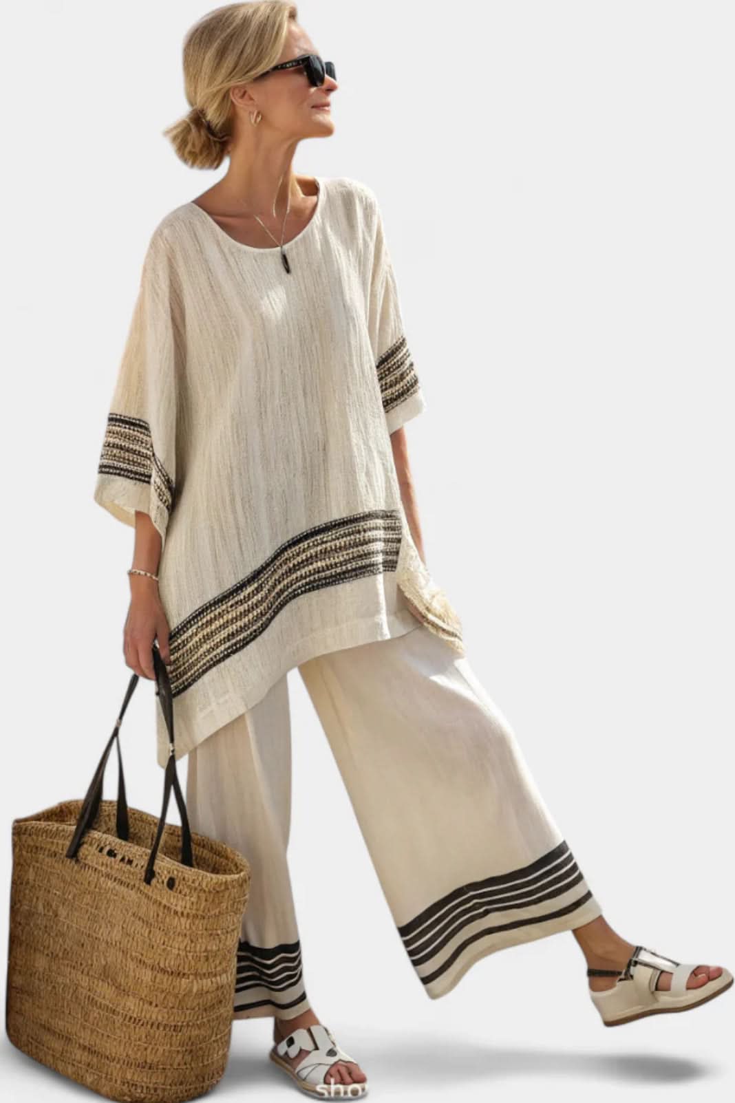 Women's Striped Two Piece Set Loose Fit Top and Wide Leg Pants Outfit