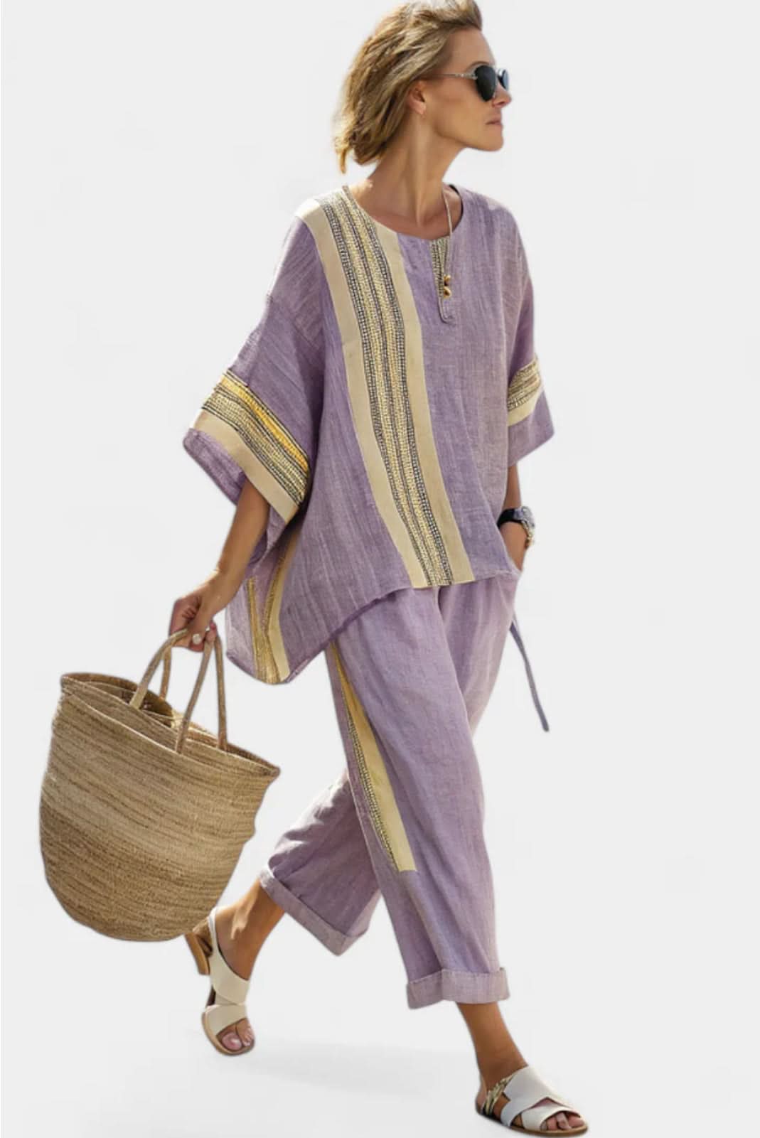 Women's Striped Two Piece Set Loose Fit Top and Wide Leg Pants Outfit