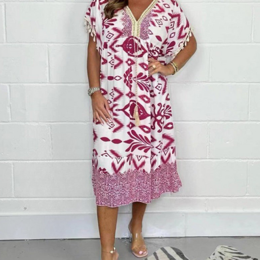 Women's Boho Print Midi Dress with V-Neck and Tassel Detail