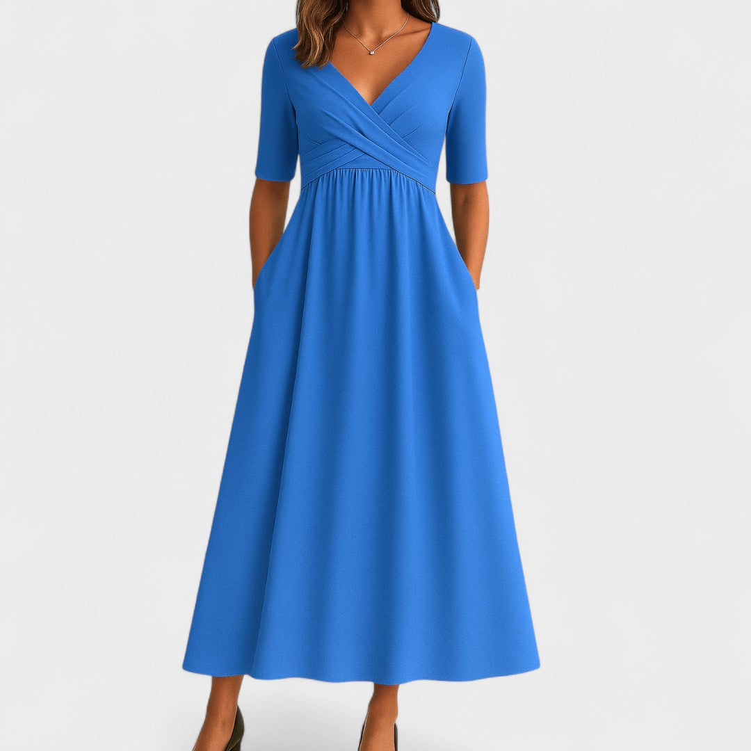 Women’s V Neck Elegant Relaxed Fit Flowy Midi Dress