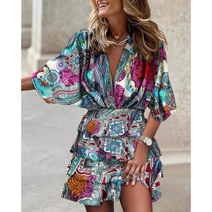 Women’s Wrap Mini Dress with Flowing Sleeves and Relaxed Fit