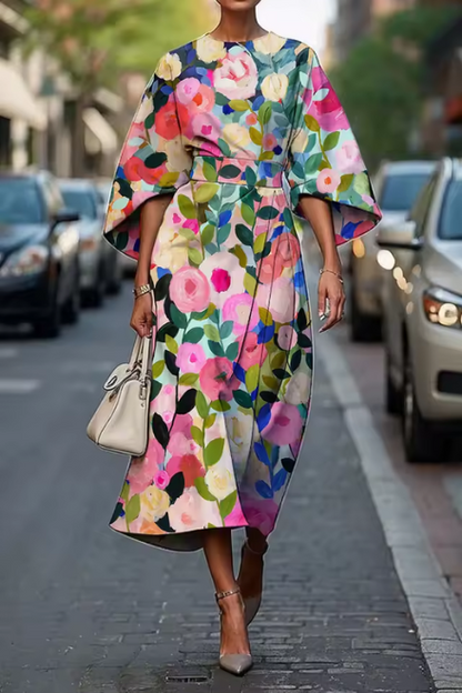 Women’s Printed Midi Dress with Defined Waist and Flowing Fit