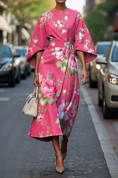 Women’s Printed Midi Dress with Defined Waist and Flowing Fit