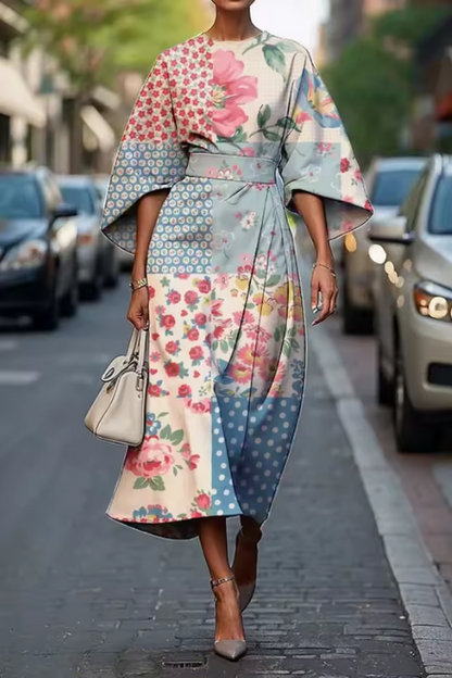 Women’s Printed Midi Dress with Defined Waist and Flowing Fit