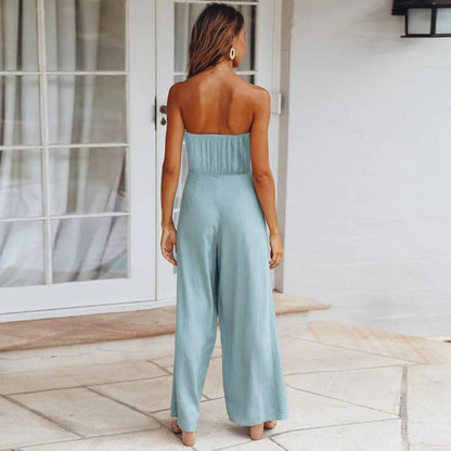 Women’s Strapless Wide Leg Jumpsuit with Tie Waist