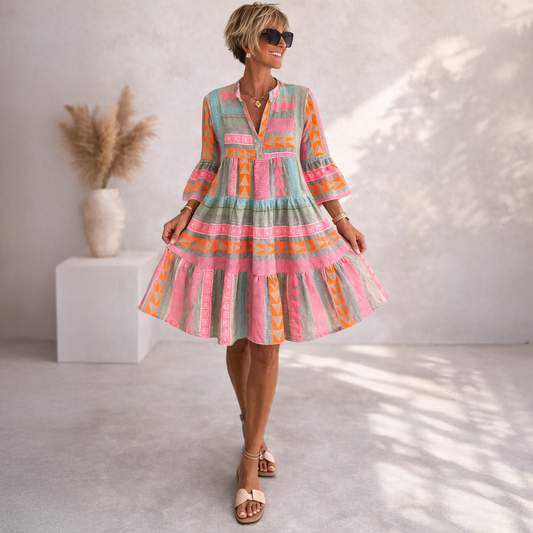 Women's Geometric Print Loose Fit Midi Dress with V-Neck