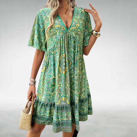 Women's Boho Paisley Mini Dress with V-Neck and Short Sleeves