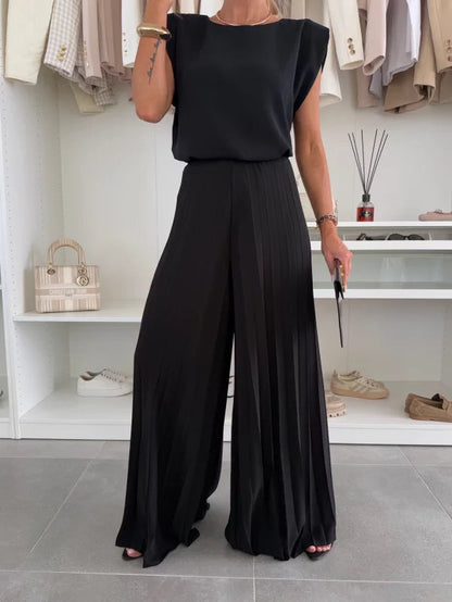 Women's Pleated Wide Leg Jumpsuit Cap Sleeve Elegant Evening Formal Outfit