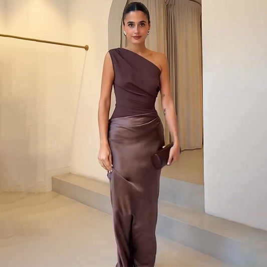 Women’s One Shoulder Elegant Satin Evening Maxi Dress