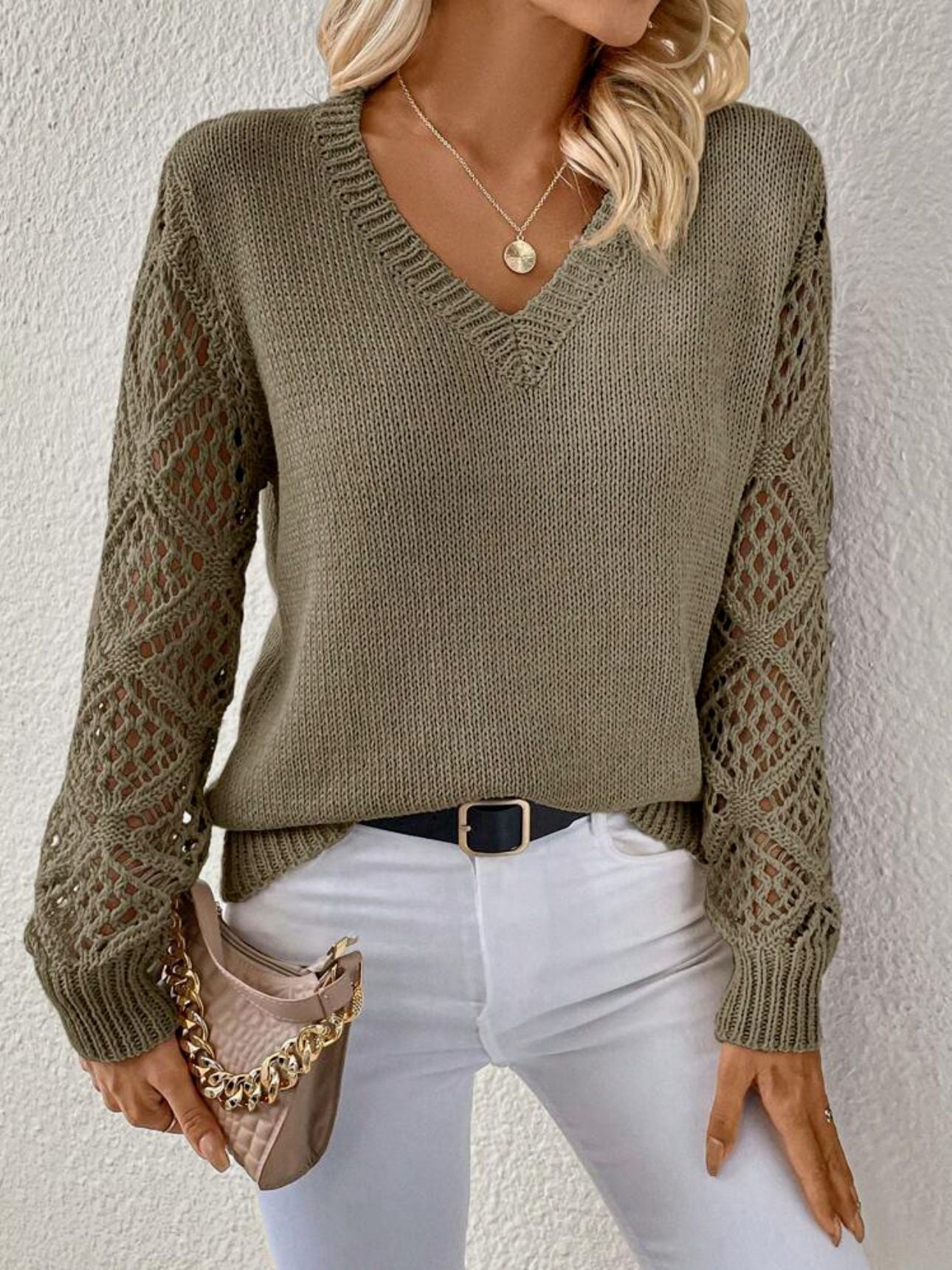 Women's V-Neck Knit Sweater Relaxed Fit Soft Warm Casual Winter Top