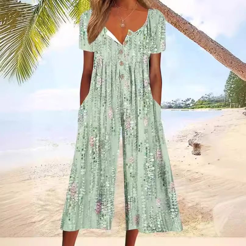 Women’s Printed Wide Leg Jumpsuit with V Neck