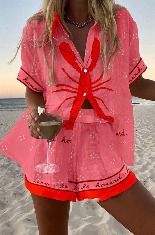 Women's Printed Summer Beach Set with Short Sleeve Shirt and Shorts