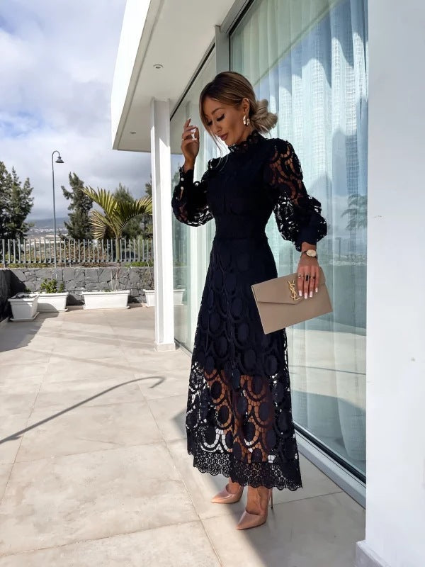 Women's Elegant Lace Midi Dress with Long Sleeves