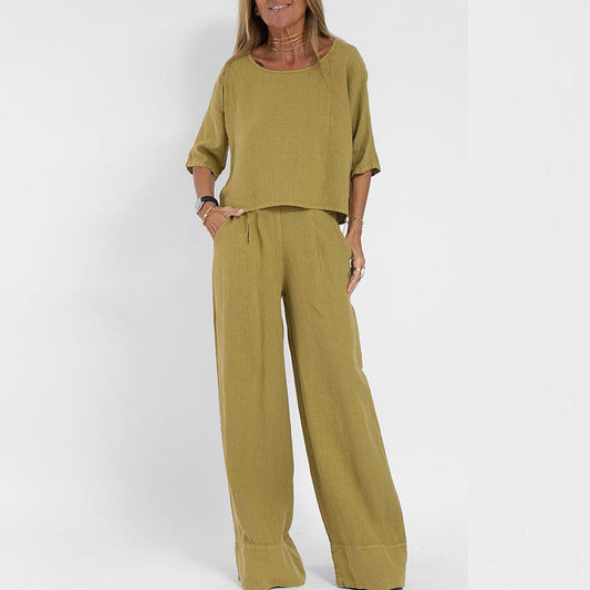 Women's Loose Fit Matching Set with Short Sleeve Top and Wide Leg Pants
