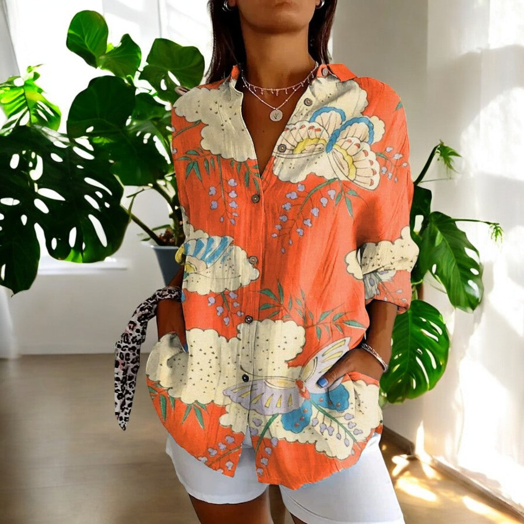 Women's V-Neck Button Blouse  Elegant Relaxed Fit Lightweight Work Shirt