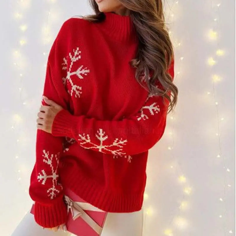 Weihnachts-Rollkragenpullover mit Schneeflockenmuster für Damen