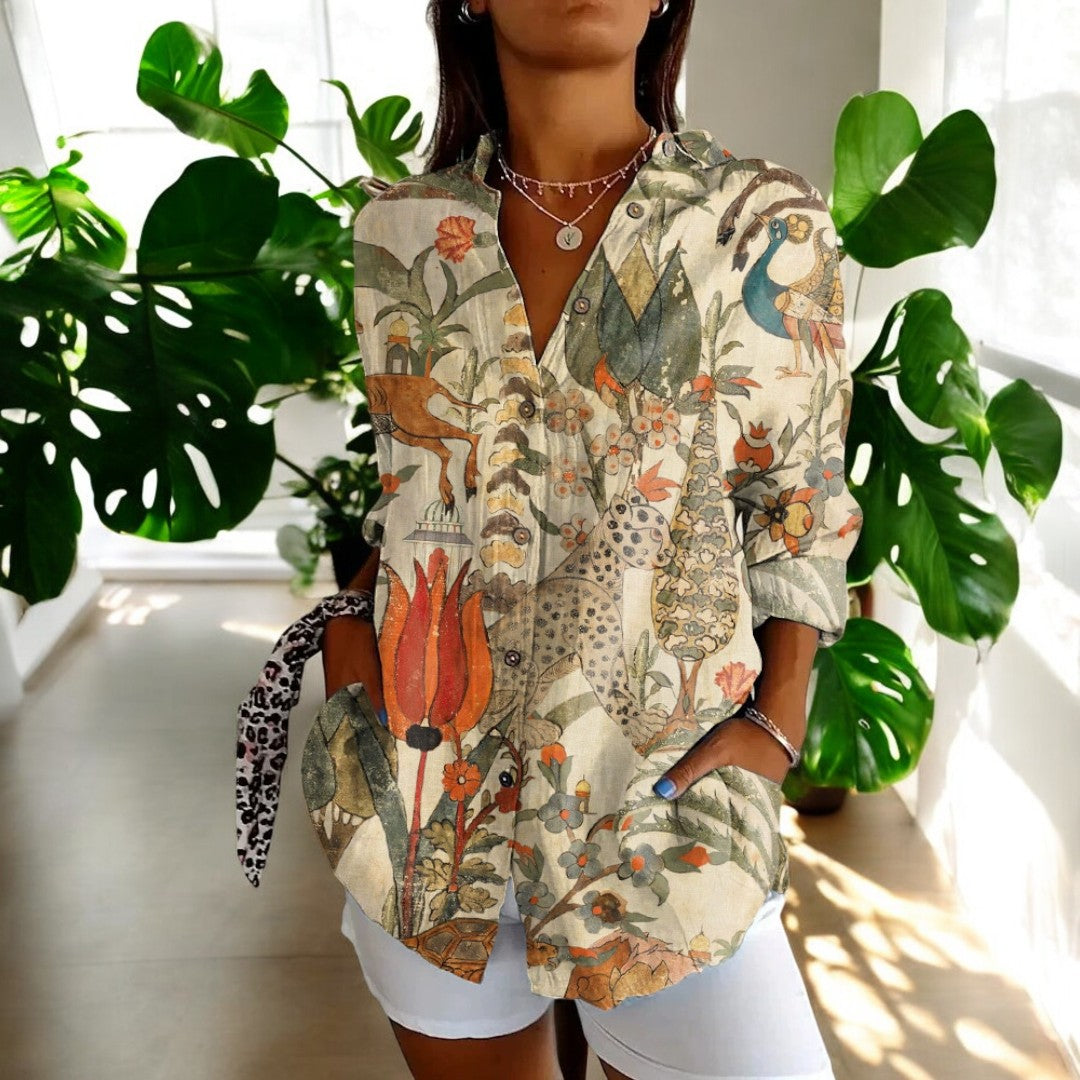 Women's V-Neck Button Blouse  Elegant Relaxed Fit Lightweight Work Shirt