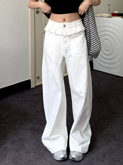 Women’s Wide Leg Jeans with Lace Trim and High Waist Fit