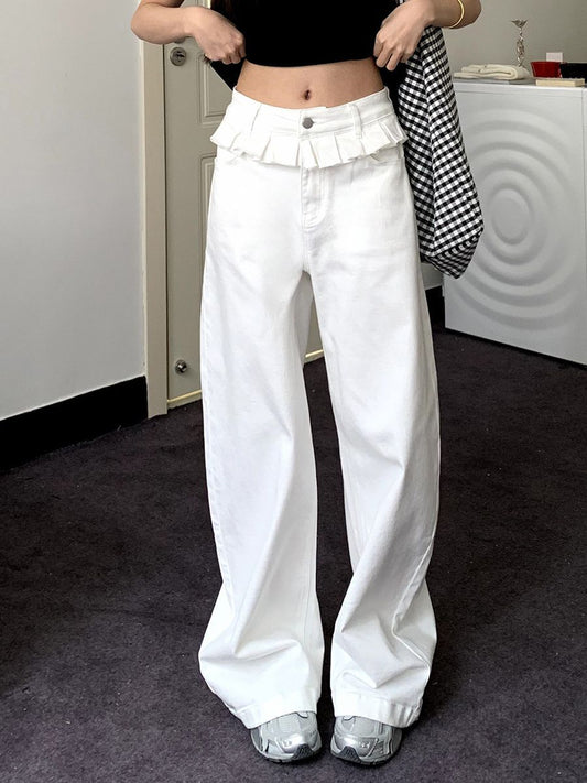 Women’s Wide Leg Jeans with Lace Trim and High Waist Fit