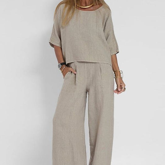 Women's Loose Fit Matching Set with Short Sleeve Top and Wide Leg Pants