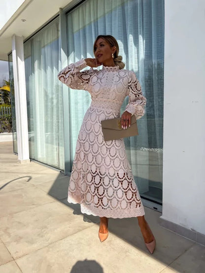 Women's Elegant Lace Midi Dress with Long Sleeves