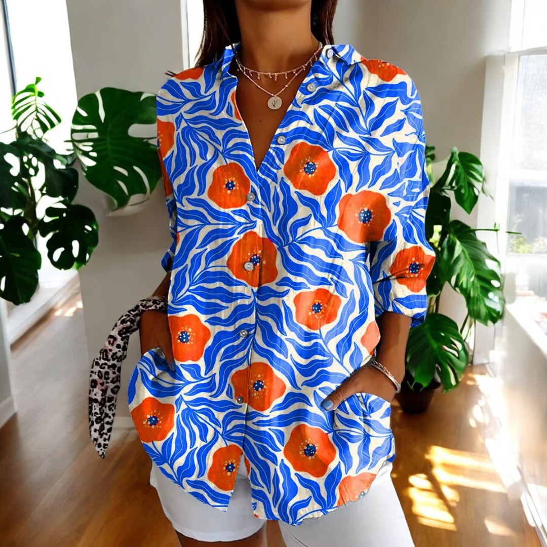 Women's V-Neck Button Blouse  Elegant Relaxed Fit Lightweight Work Shirt