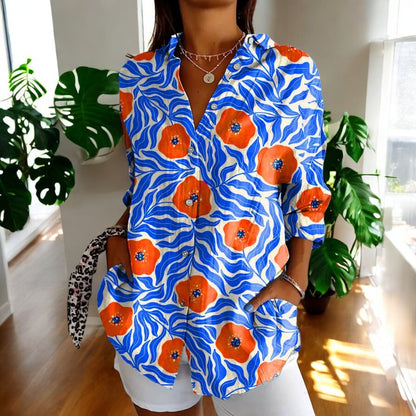 Women's V-Neck Button Blouse  Elegant Relaxed Fit Lightweight Work Shirt