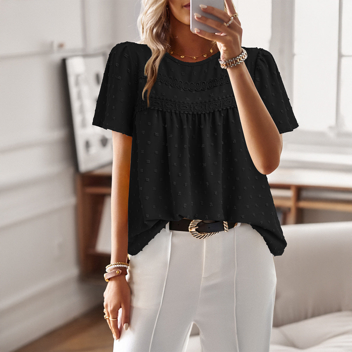 Women's Pleated Front Short Sleeve Blouse Relaxed Fit Lightweight Casual Top